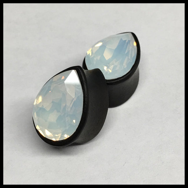 Ebony Med Swarovski White Opal Teardrop Plugs