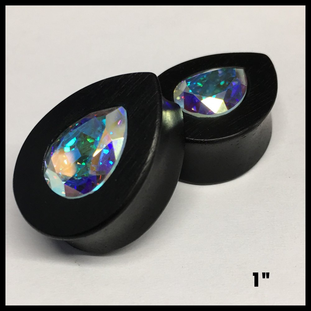 Ebony Med Swarovski Crystal AB Teardrop Plugs