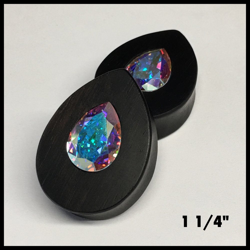 Ebony Med Swarovski Crystal AB Teardrop Plugs