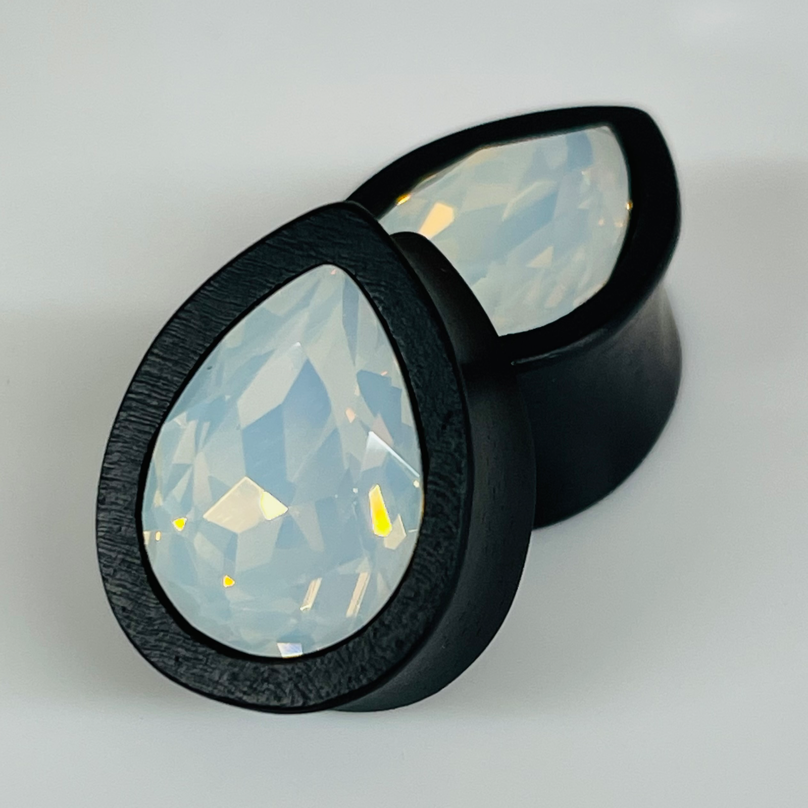 Ebony Med Swarovski White Opal Teardrop Plugs