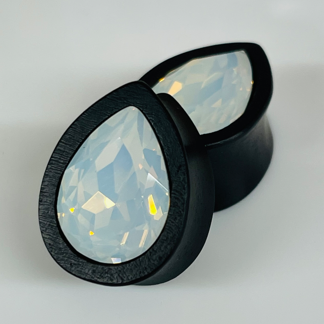 Ebony Med Swarovski White Opal Teardrop Plugs