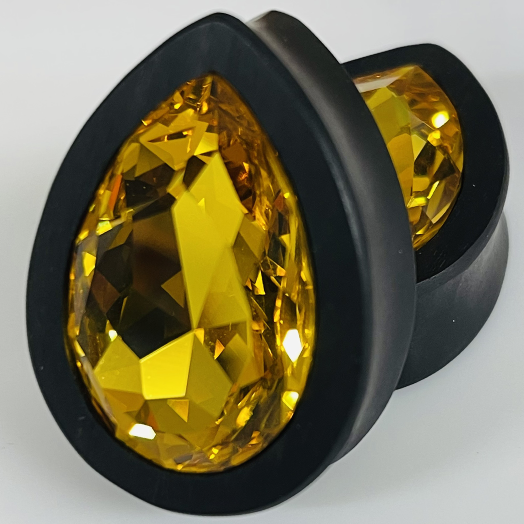 Ebony Large Swarovski Light Topaz Teardrop Plugs