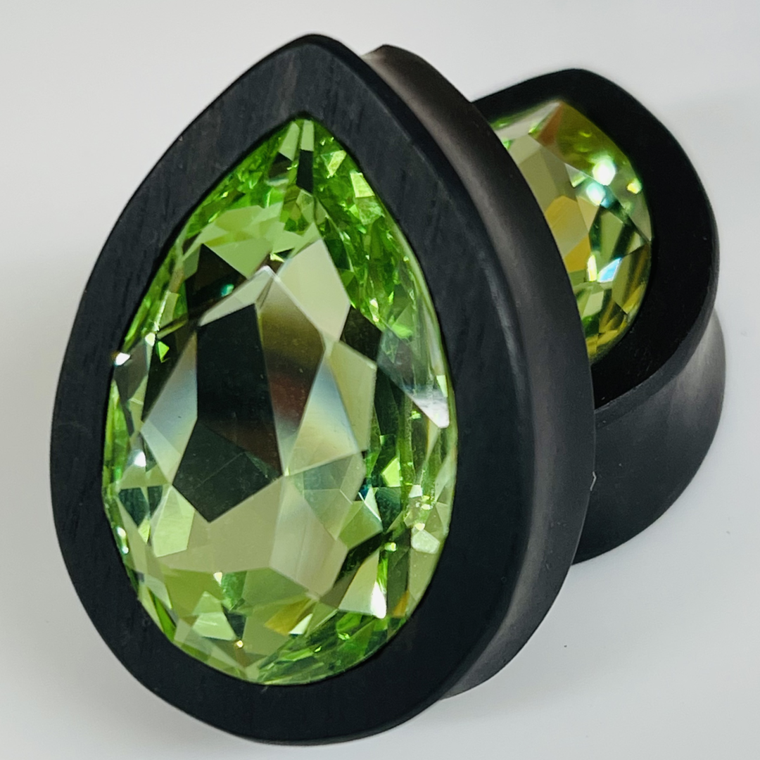 Ebony Large Swarovski Chrysolite Teardrop Plugs