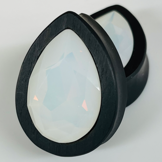 Ebony Large Swarovski White Opal Teardrop Plugs