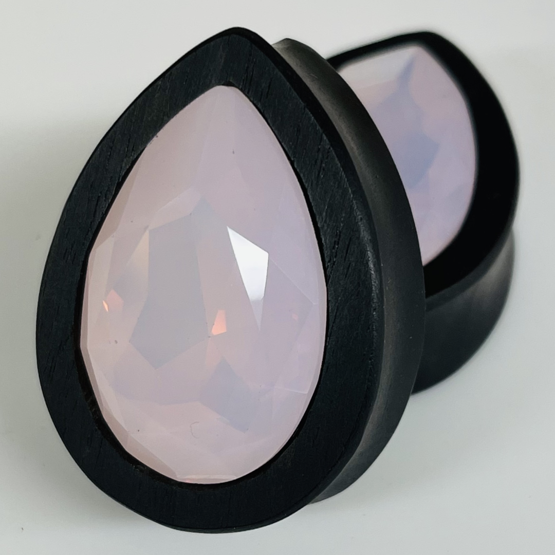 Ebony Large Swarovski Rose Opal Teardrop Plugs