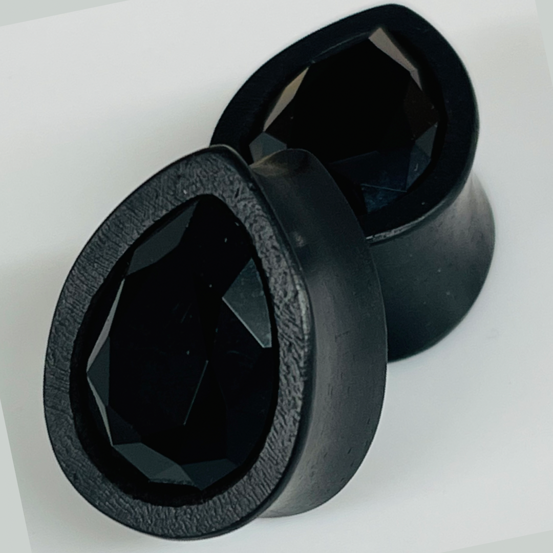 Ebony Small Swarovski Jet Teardrop Plugs