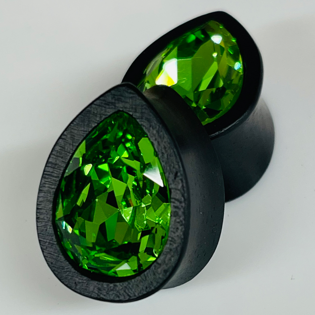 Ebony Small Swarovski Peridot Teardrop Plugs