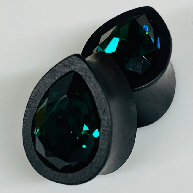 Ebony Small Swarovski Emerald Teardrop Plugs