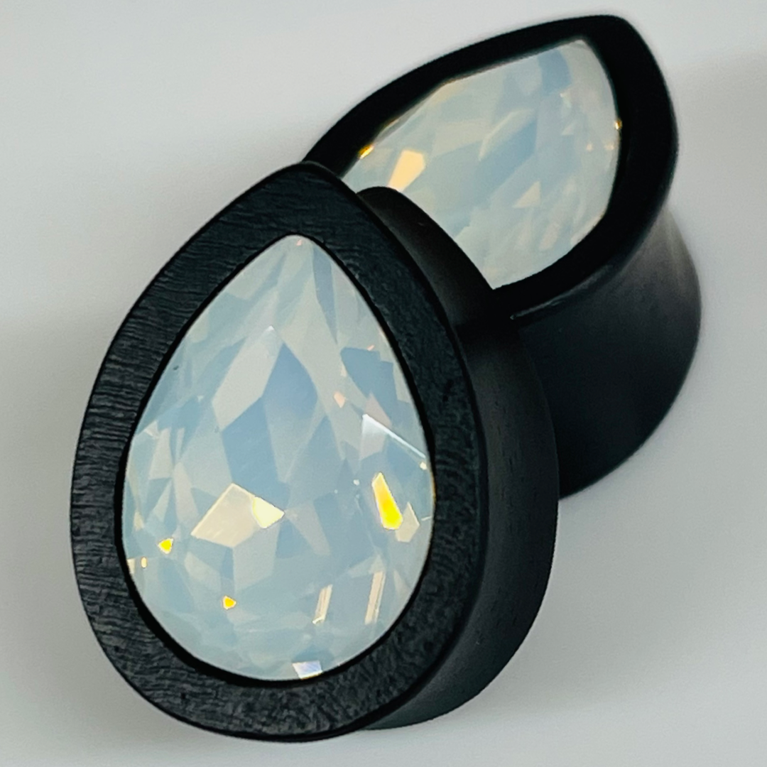 Ebony Small Swarovski White Opal Teardrop Plugs