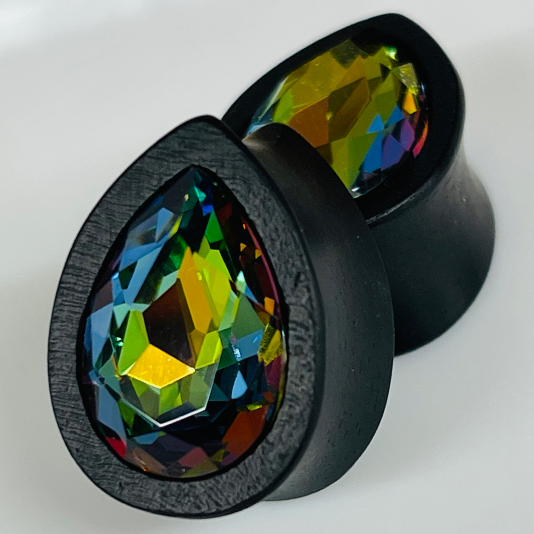 Ebony Small Swarovski Vitrail Medium Teardrop Plugs