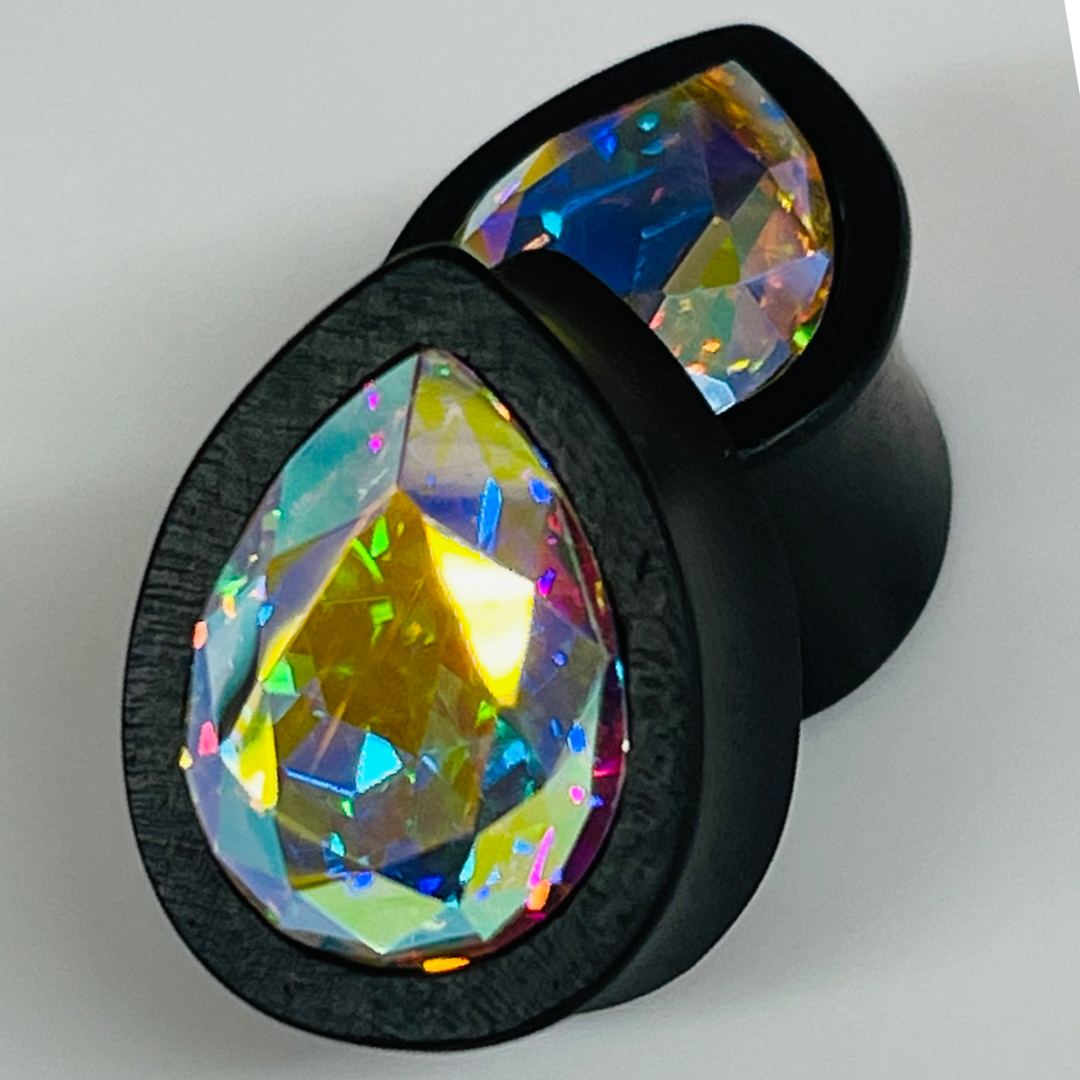 Ebony Small Swarovski Crystal AB Teardrop Plugs