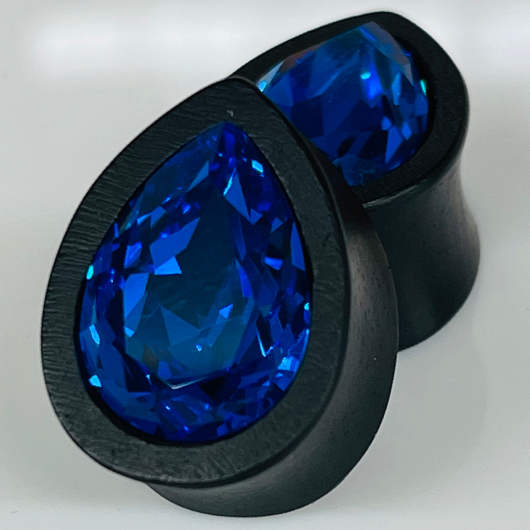 Ebony Small Swarovski Capri Blue Teardrop Plugs