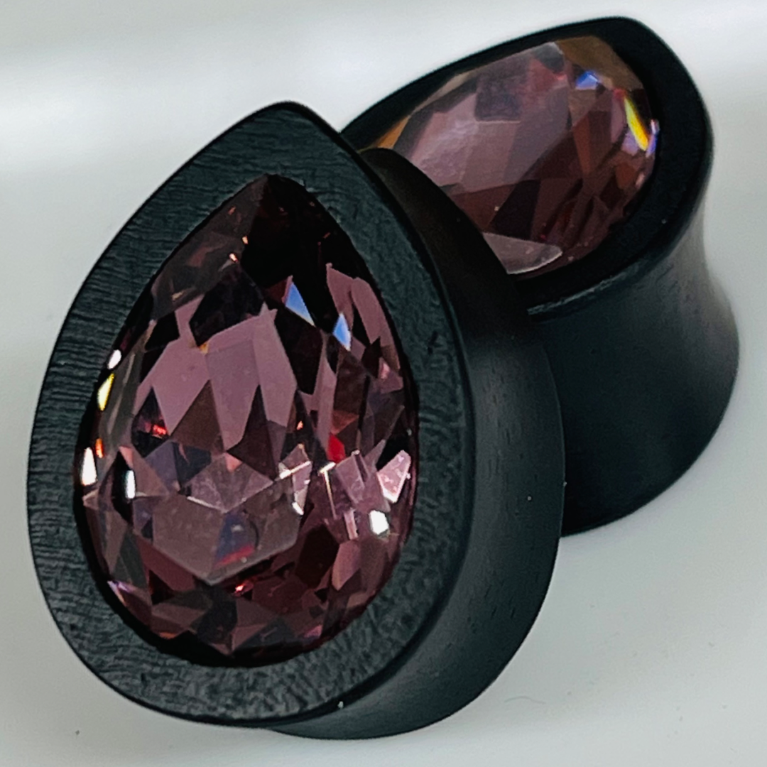 Ebony Small Swarovski Light Amethyst Teardrop Plugs