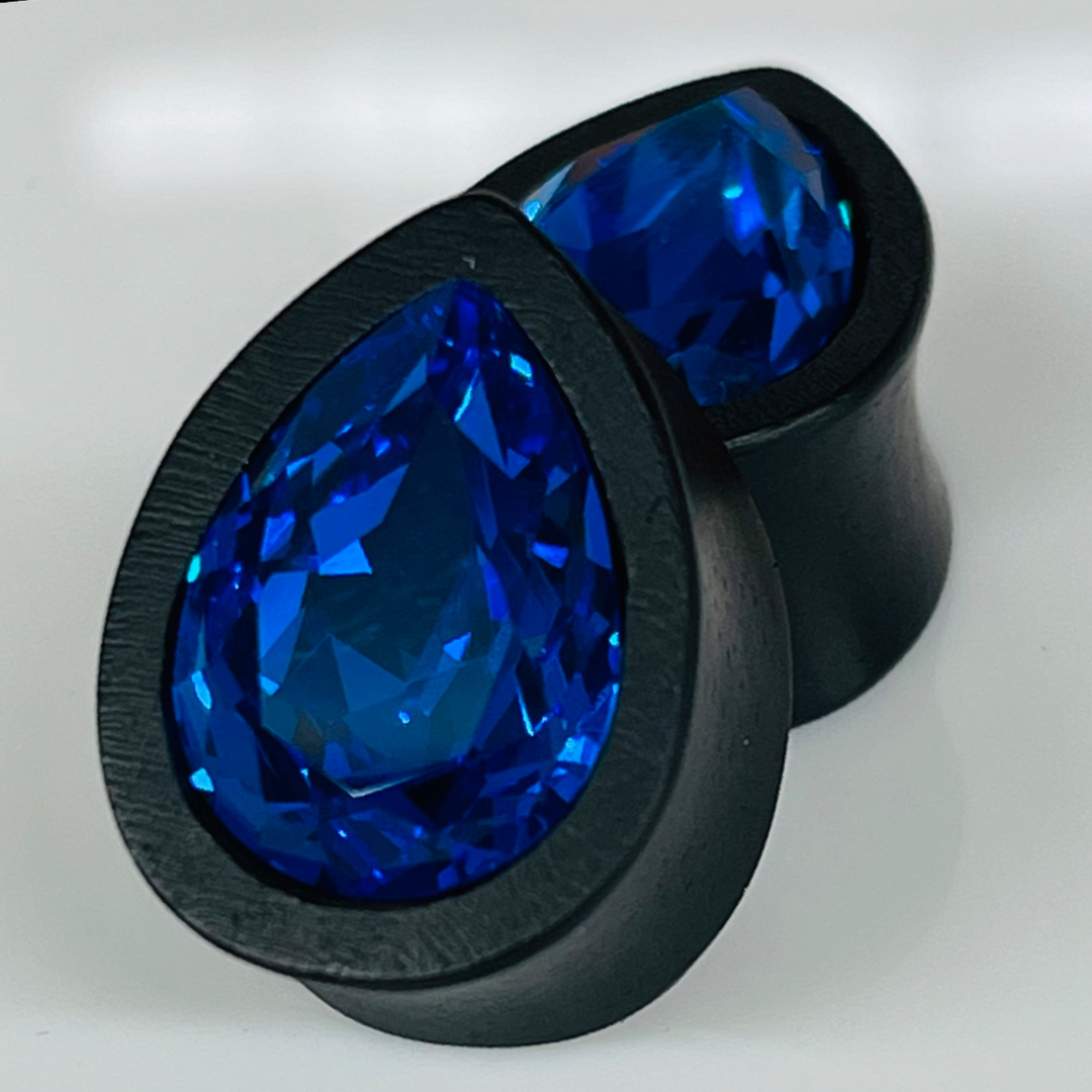 Ebony Small Swarovski Sapphire Teardrop Plugs