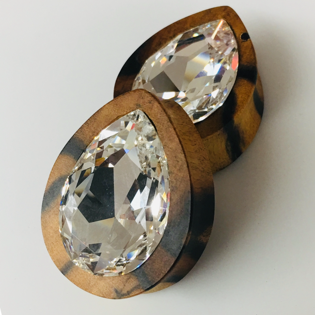 Black & White Ebony Large Swarovski Crystal Teardrop Plugs