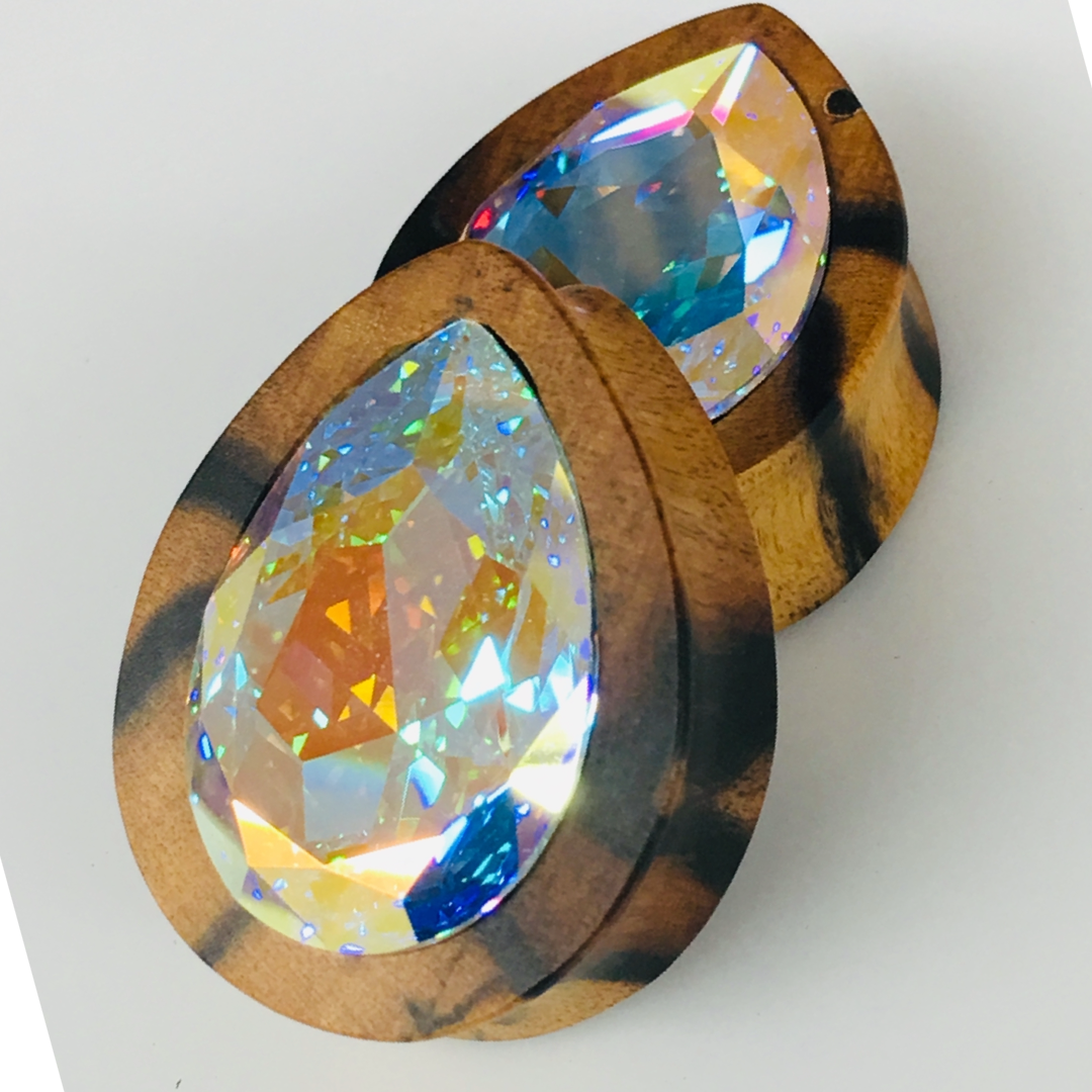 Black & White Ebony Large Swarovski Crystal AB Teardrop Plugs