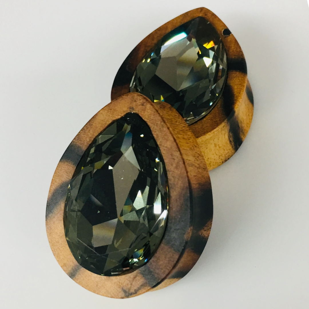 Black & White Ebony Large Swarovski Black Diamond Teardrop Plugs