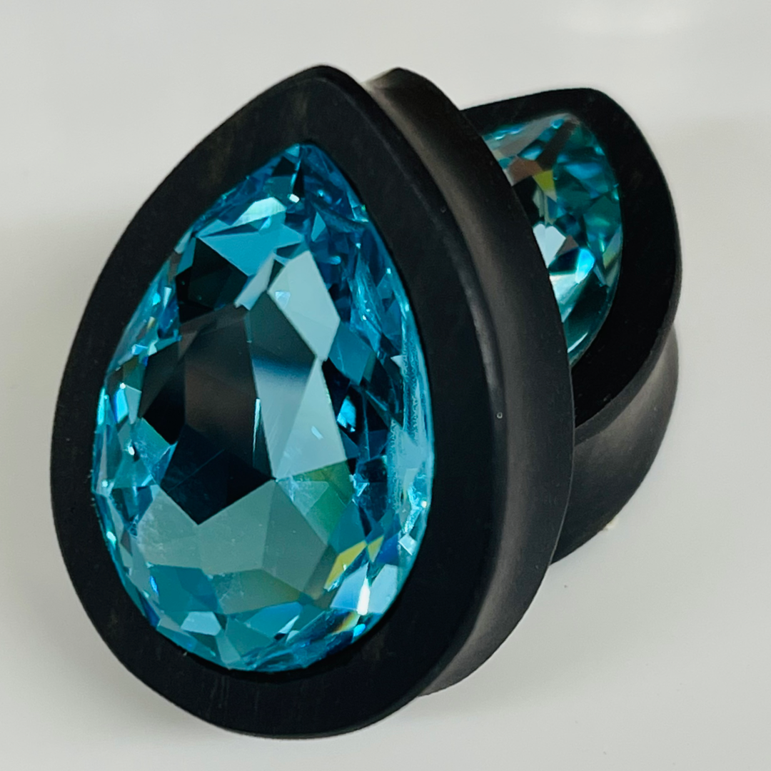 Ebony Large Swarovski Aqua Teardrop Plugs