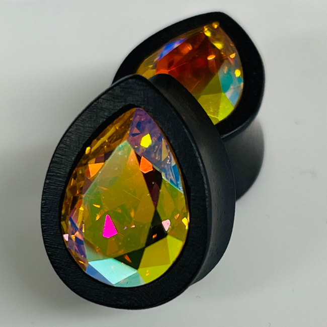 Ebony Med Swarovski Lt Topaz AB Teardrop Plugs