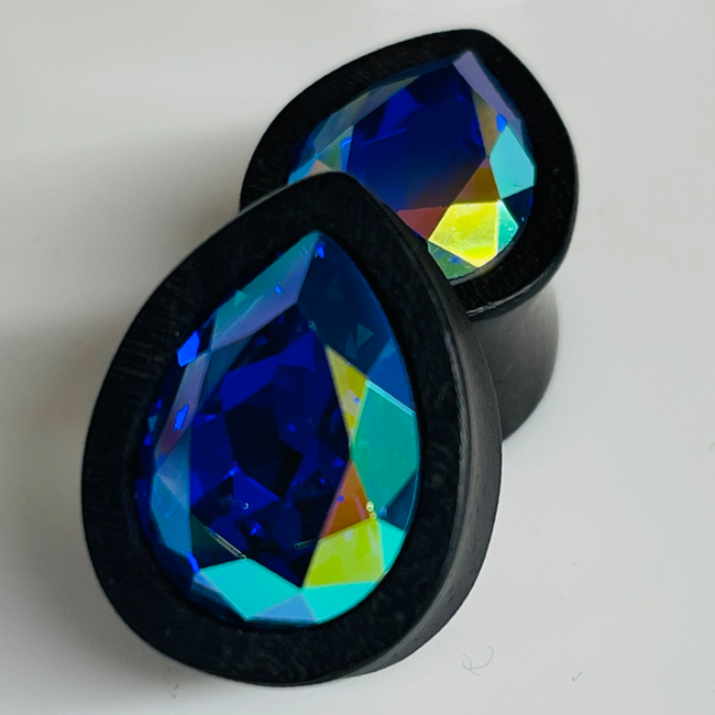 Ebony Small Swarovski Sapphire AB Teardrop Plugs