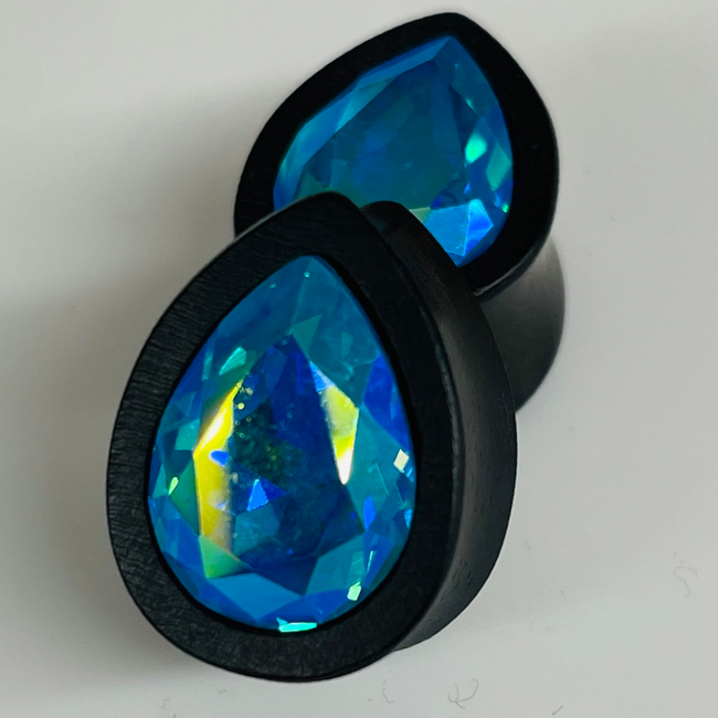 Ebony Med Swarovski Aqua AB Teardrop Plugs