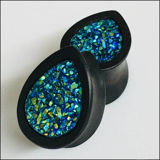 Ebony Medium Druzy Blue Turquoise Teardrop Plugs (LIMITIED EDITION)