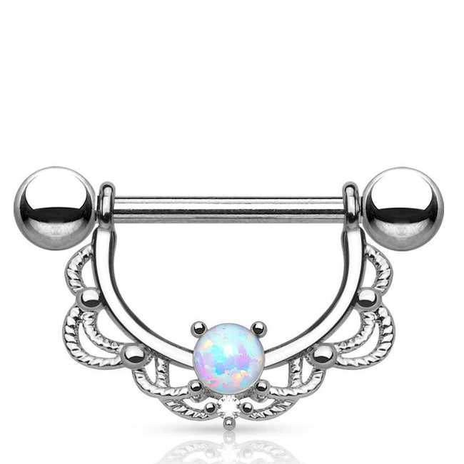 Nipple Barbell with Opal Prong Setting with Filigree