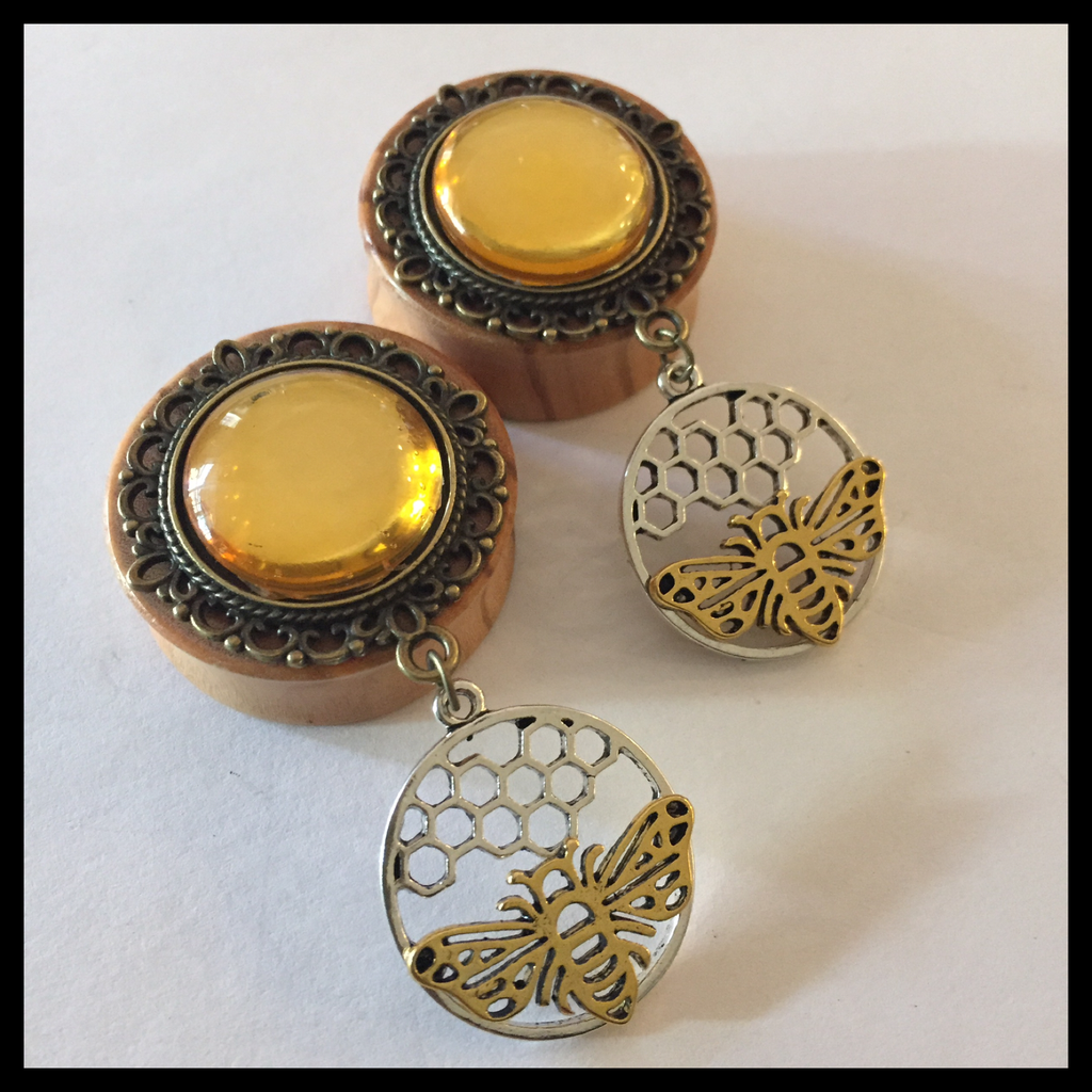 Olivewood Honey Bee Solid Round Dangle Plugs