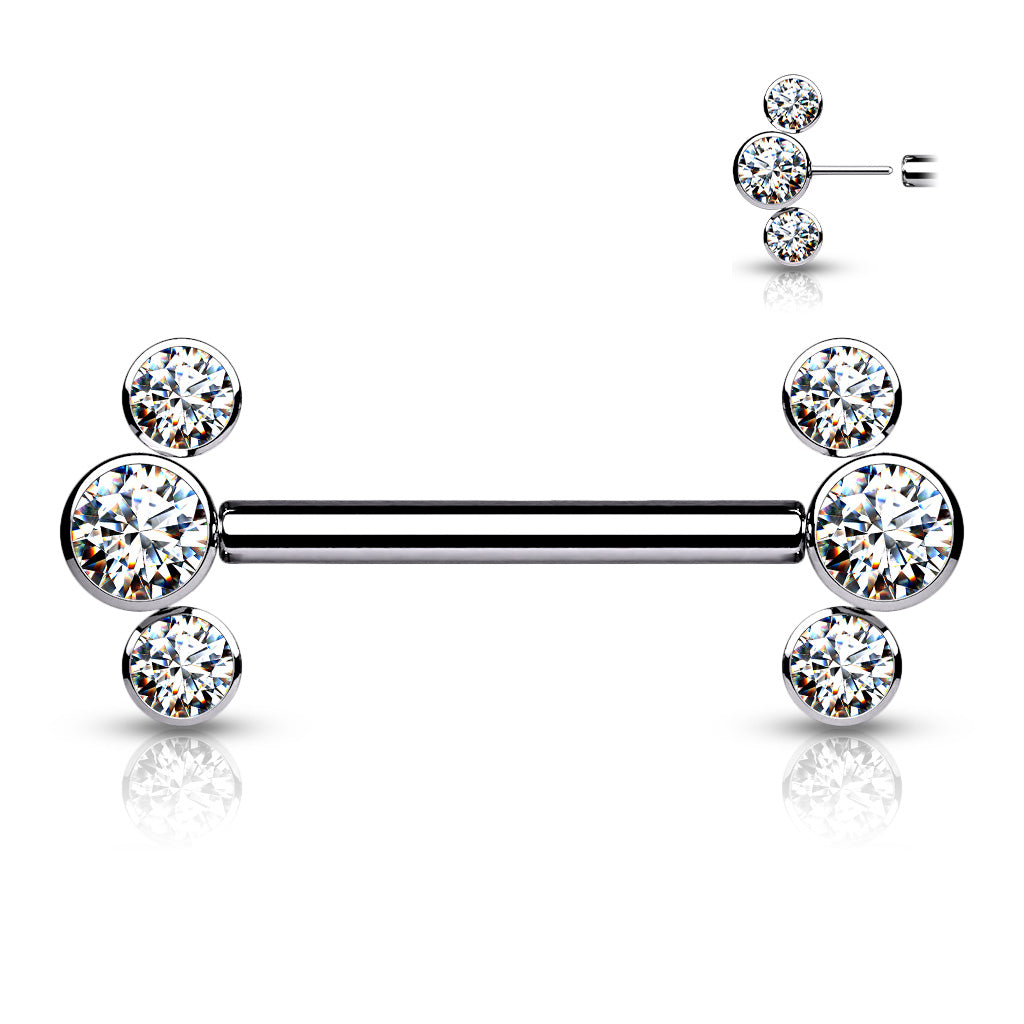 Nipple Barbell with 3 Swarovski Bezel Set Front Facing Flat Tops Gem