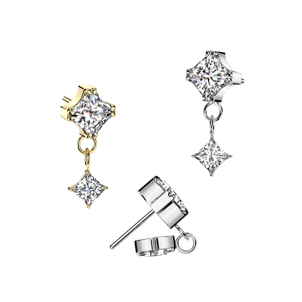 1 Prong Set Princess Cut CZ Top With Prong Set Princess Cut CZ Dangle