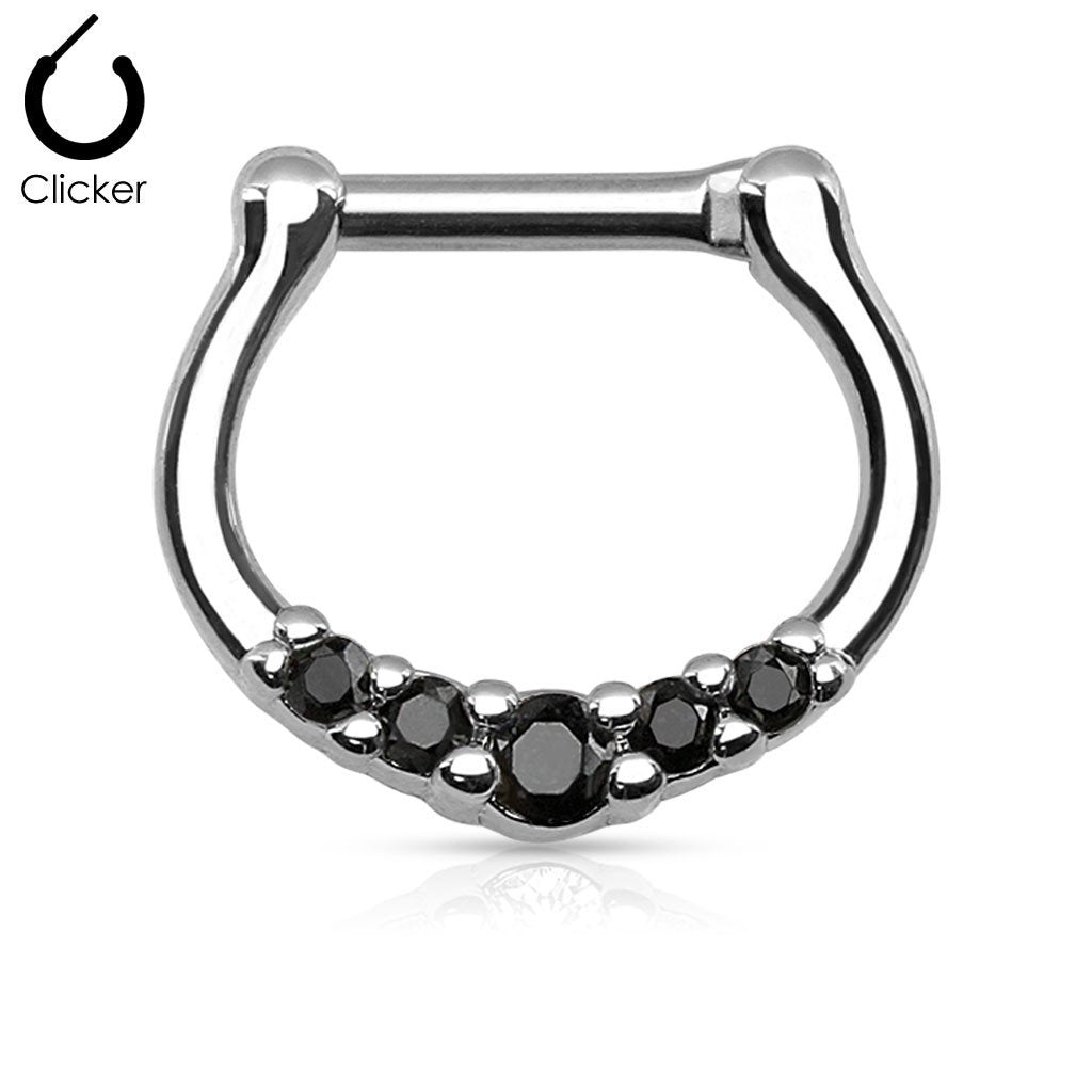 Septum Clicker with Five Black Gems in Prong Setting