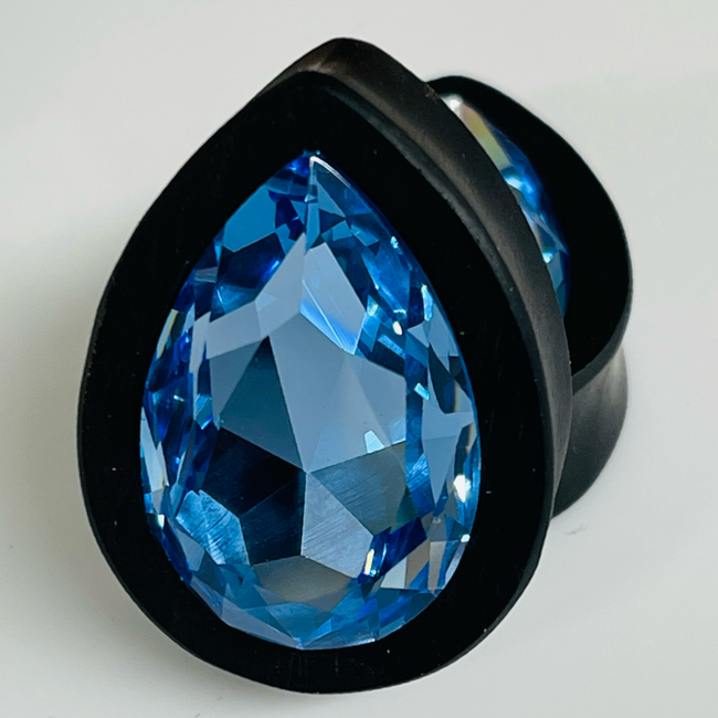 Ebony Large Swarovski Light Sapphire Teardrop Plugs